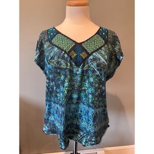Boho Chic One World Petite Blouse Top Blue Green Print Beaded Embellished V Neck